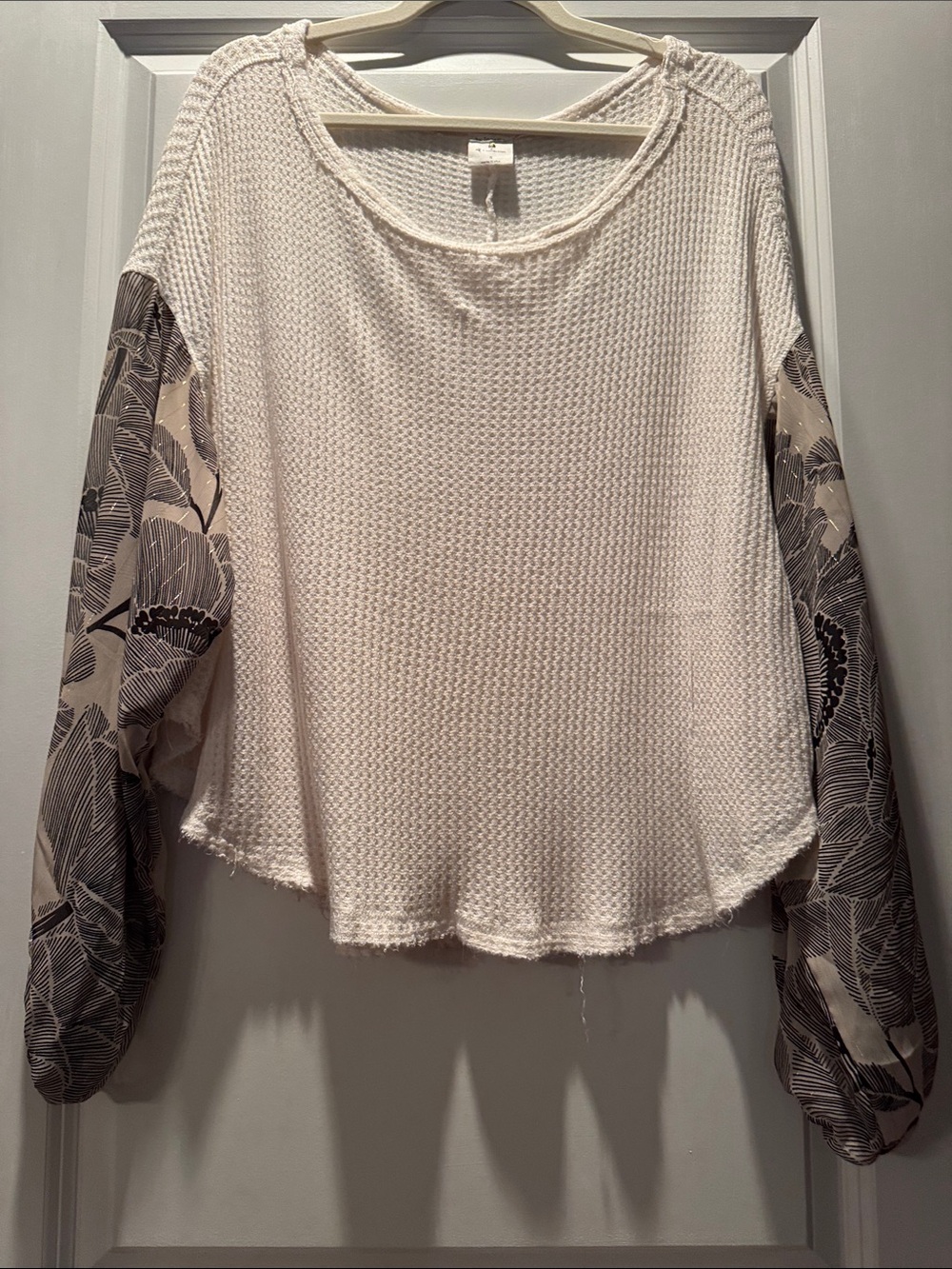 By Together Cream Waffle Knit Pullover with Printed Balloon Sleeves